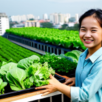 A joyful young woman, fully clothed in modest, comfortable attire, gently harvesting fresh green leafy vegetables from a vibrant balcony garden in a Vietnamese urban setting. Lush green plants fill the space, with a hint of a modern city skyline in the soft background. The scene is bathed in natural daylight, emphasizing cleanliness and a healthy lifestyle. Perfect anatomy, correct proportions, natural pose, well-formed hands, proper finger count, natural body proportions, professional photography, high quality, safe for work, appropriate content, family-friendly.