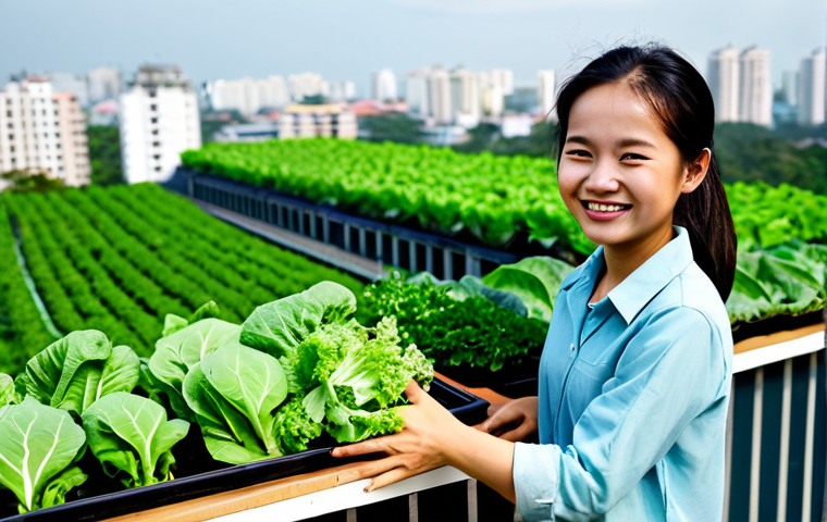 A joyful young woman, fully clothed in modest, comfortable attire, gently harvesting fresh green leafy vegetables from a vibrant balcony garden in a Vietnamese urban setting. Lush green plants fill the space, with a hint of a modern city skyline in the soft background. The scene is bathed in natural daylight, emphasizing cleanliness and a healthy lifestyle. Perfect anatomy, correct proportions, natural pose, well-formed hands, proper finger count, natural body proportions, professional photography, high quality, safe for work, appropriate content, family-friendly.