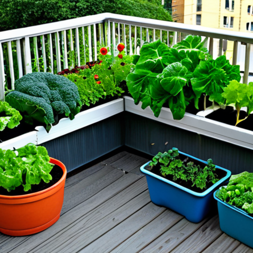 **

"A thriving urban balcony garden filled with lush green vegetables in various containers, including leafy greens, root vegetables, and fruiting plants like tomatoes. The plants are healthy and vibrant. Safe for work, appropriate content, fully clothed (no people present), professional, modest, family-friendly, perfect anatomy (of the plants), correct proportions, natural growth, high quality."

**