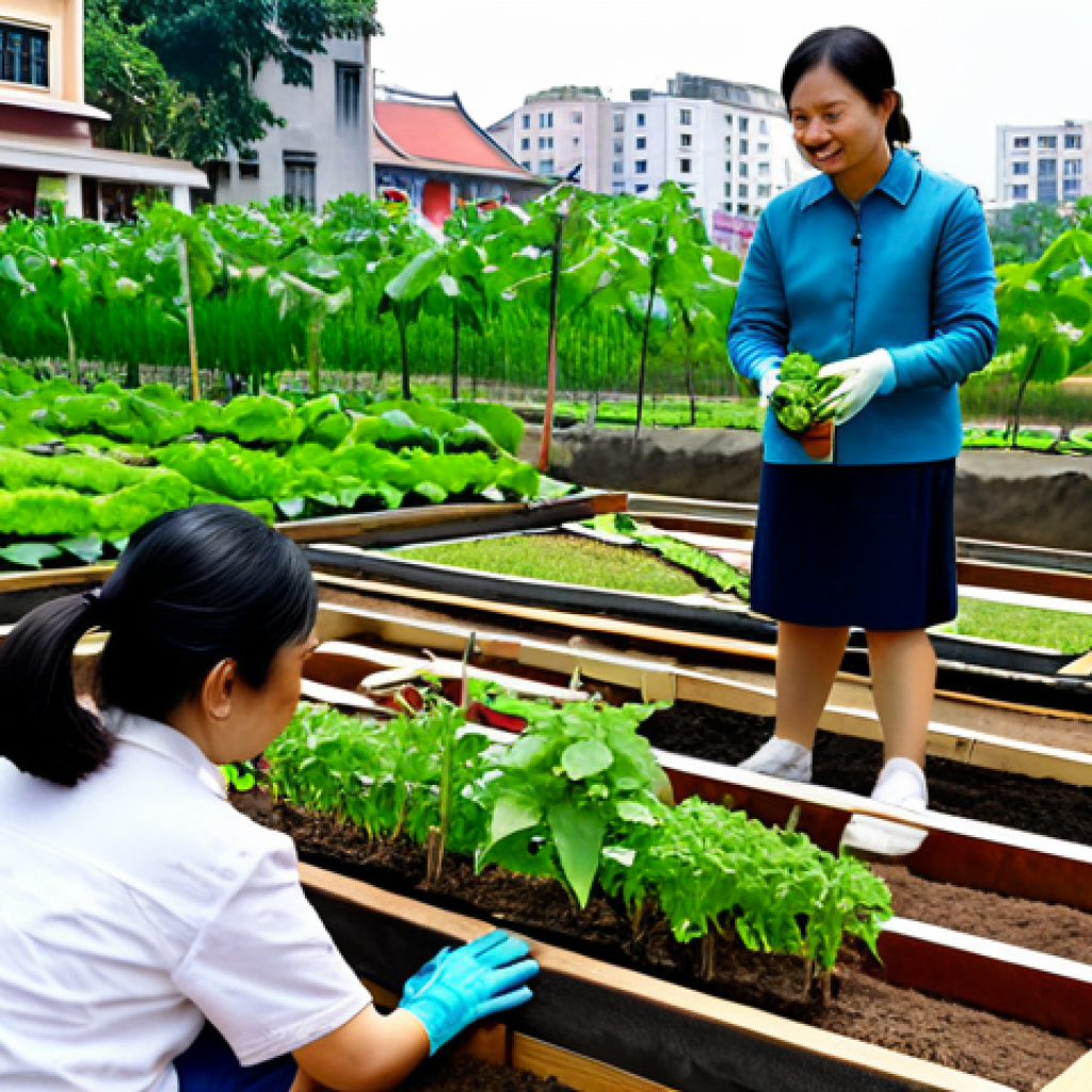 Urban Garden Workshop**

"A diverse group of adults learning how to plant vegetables in raised garden beds at a community garden in Hanoi, Vietnam. The scene is bright and sunny. An instructor demonstrates planting techniques. Participants are wearing modest clothing and gardening gloves. In the background, there are colorful buildings typical of Hanoi. Safe for work, appropriate content, fully clothed, family-friendly, perfect anatomy, correct proportions, well-formed hands, natural pose, high quality."

**