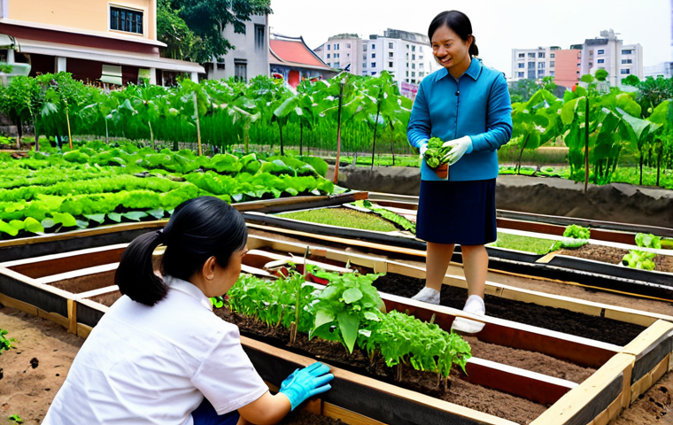 Urban Garden Workshop**

"A diverse group of adults learning how to plant vegetables in raised garden beds at a community garden in Hanoi, Vietnam. The scene is bright and sunny. An instructor demonstrates planting techniques. Participants are wearing modest clothing and gardening gloves. In the background, there are colorful buildings typical of Hanoi. Safe for work, appropriate content, fully clothed, family-friendly, perfect anatomy, correct proportions, well-formed hands, natural pose, high quality."

**
