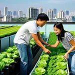 도시 식량 정의 활동의 지속적인 평가 및 개선 - **Urban Rooftop Garden with Modern Hydroponics and a Vietnamese Family:**
    A vibrant, sun-drenche...