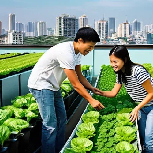 도시 식량 정의 활동의 지속적인 평가 및 개선 - **Urban Rooftop Garden with Modern Hydroponics and a Vietnamese Family:**
    A vibrant, sun-drenche...