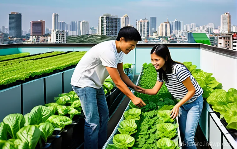 도시 식량 정의 활동의 지속적인 평가 및 개선 - **Urban Rooftop Garden with Modern Hydroponics and a Vietnamese Family:**
    A vibrant, sun-drenche...