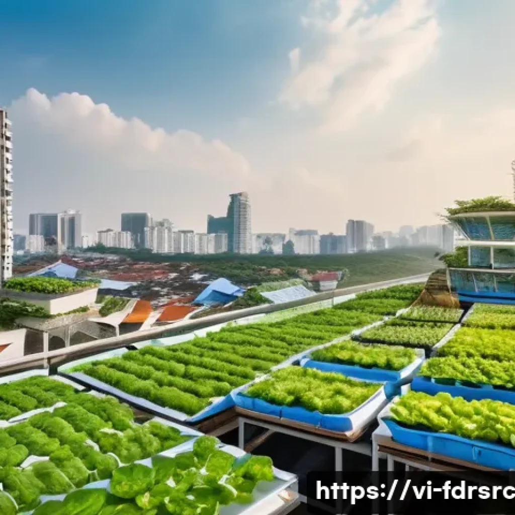도시 식량 정의와 커뮤니티 정체성 - A vibrant urban rooftop garden in Ho Chi Minh City featuring lush vertical farming walls and hydropo...