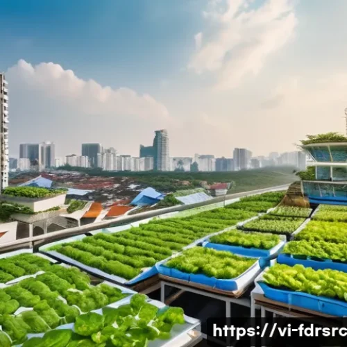 도시 식량 정의와 커뮤니티 정체성 - A vibrant urban rooftop garden in Ho Chi Minh City featuring lush vertical farming walls and hydropo...