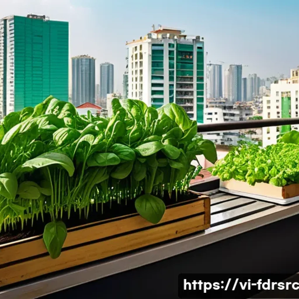 도시 농업 참여를 통한 생태계 복원 - A vibrant urban balcony garden in a Vietnamese city apartment, filled with lush green herbs like Tha...