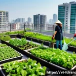도시 농업 참여의 법적 고려사항 - Urban rooftop garden scene in a Vietnamese city, showing a diverse group of adults wearing casual cl...