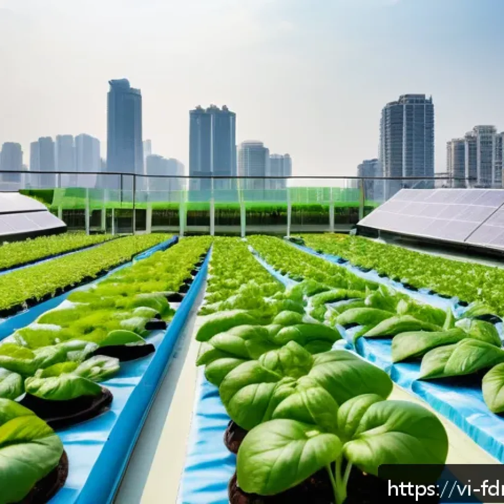 도시 식량 정의를 위한 민관 협력 모델 - A vibrant urban rooftop hydroponic garden in Hanoi, featuring diverse leafy greens and herbs growing...