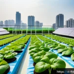 Home 19 도시 식량 정의를 위한 민관 협력 모델 - A vibrant urban rooftop hydroponic garden in Hanoi, featuring diverse leafy greens and herbs growing...