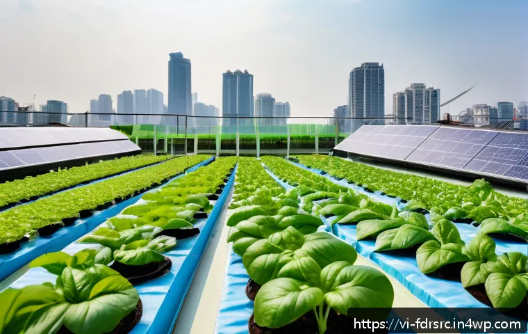 도시 식량 정의를 위한 민관 협력 모델 - A vibrant urban rooftop hydroponic garden in Hanoi, featuring diverse leafy greens and herbs growing...