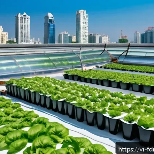Home 17 식량 정의를 위한 도시 커뮤니티 구축 전략 - A vibrant urban rooftop hydroponic farm in Ho Chi Minh City, featuring diverse leafy green vegetable...