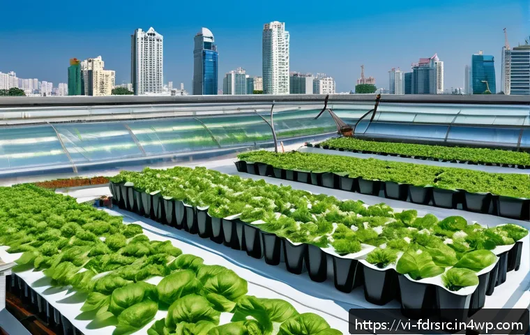 식량 정의를 위한 도시 커뮤니티 구축 전략 - A vibrant urban rooftop hydroponic farm in Ho Chi Minh City, featuring diverse leafy green vegetable...