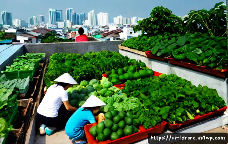 Home 17 도시 식량 정의와 지역 역사 - Photorealistic urban food scene in Ho Chi Minh City, a diverse rooftop garden above low-rise homes w...