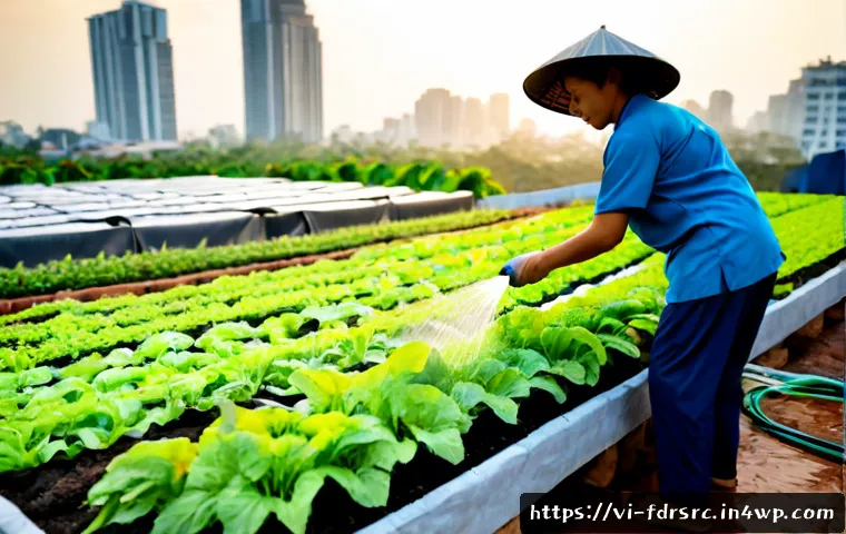Home 17 도시 농업의 지속 가능성 확보 방안 - Photorealistic rooftop urban farm in Ho Chi Minh City, Vietnam, showing raised vegetable beds, drip ...